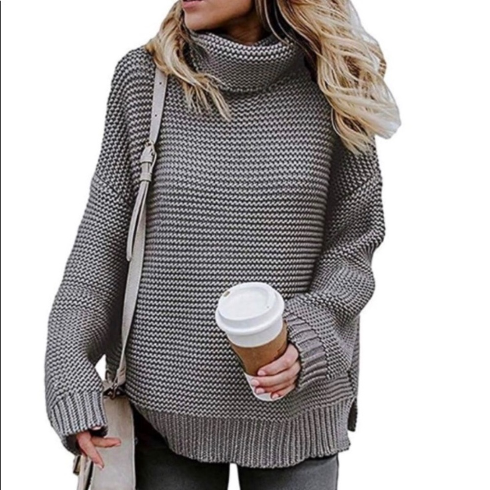 Gray Waffle Wide Turtleneck Chunky Sweater